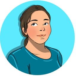 Illustration d’un portrait stylisé de Marjolaine Rayer, sur un fond circulaire bleu clair.